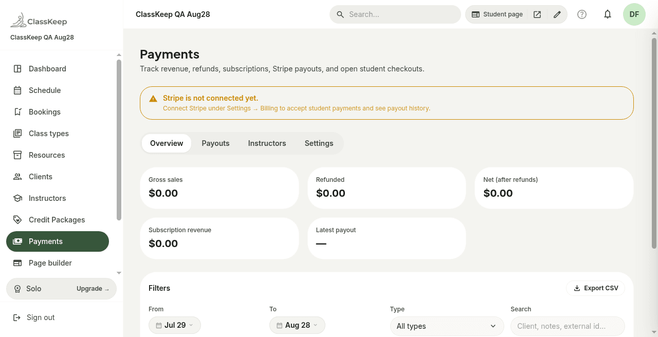 Payments and revenue dashboard