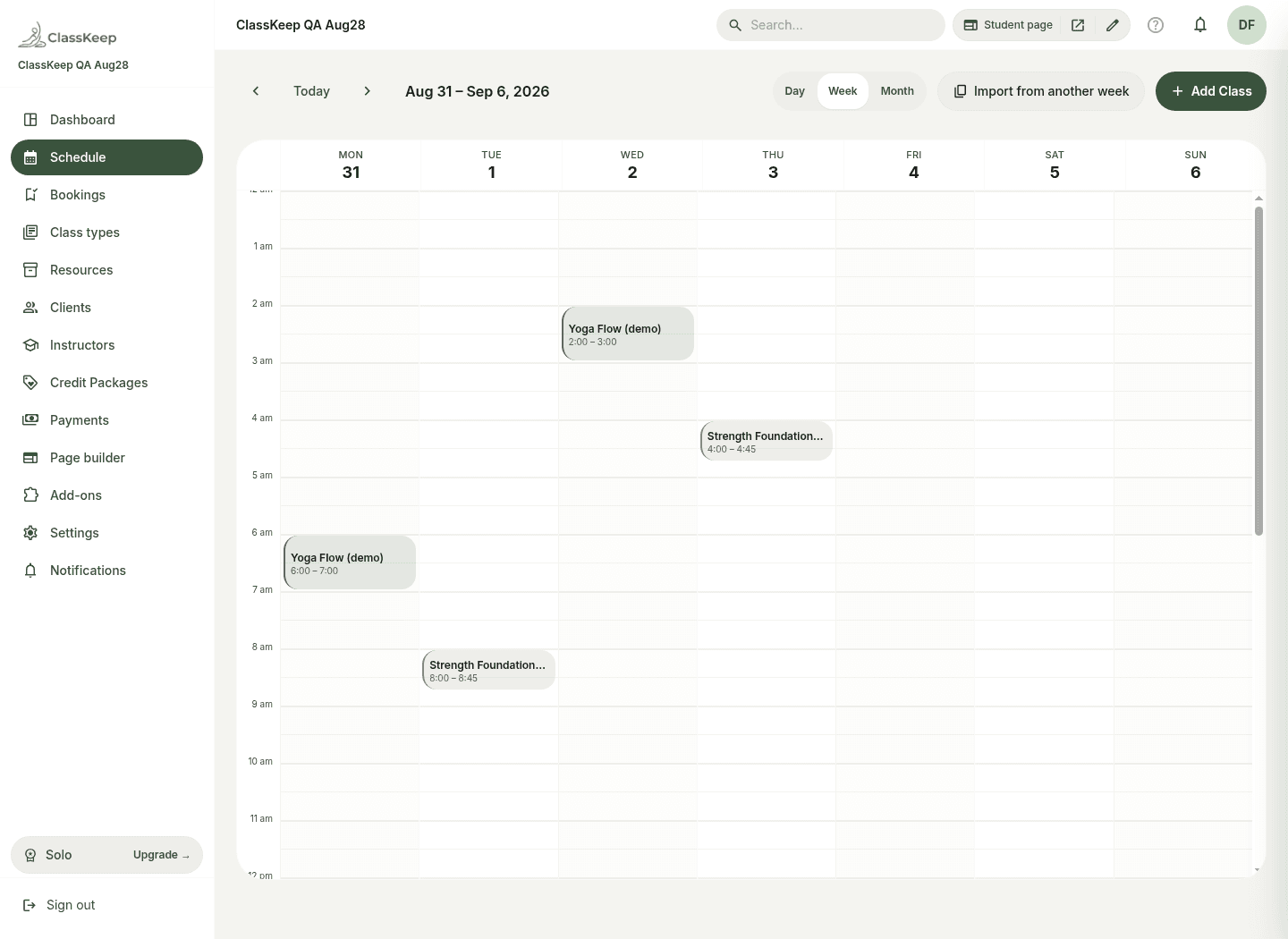 ClassKeep week schedule with yoga and strength classes as colored blocks on a calendar.