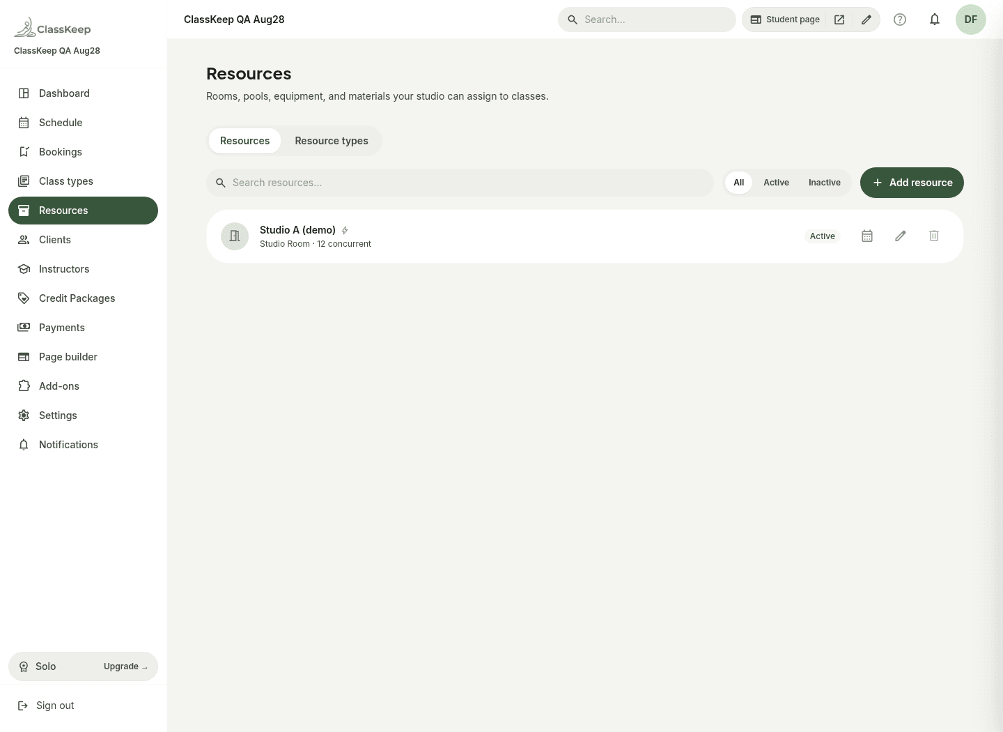 Resources list in ClassKeep showing Studio A as a studio room with concurrent capacity of 12.