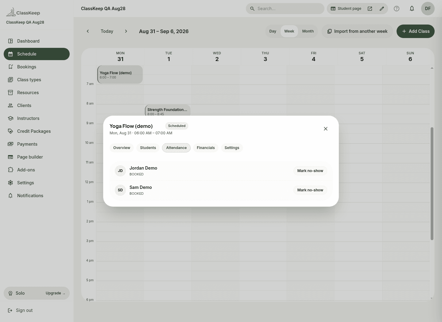 Session attendance roster in ClassKeep with booked students and mark no-show controls.