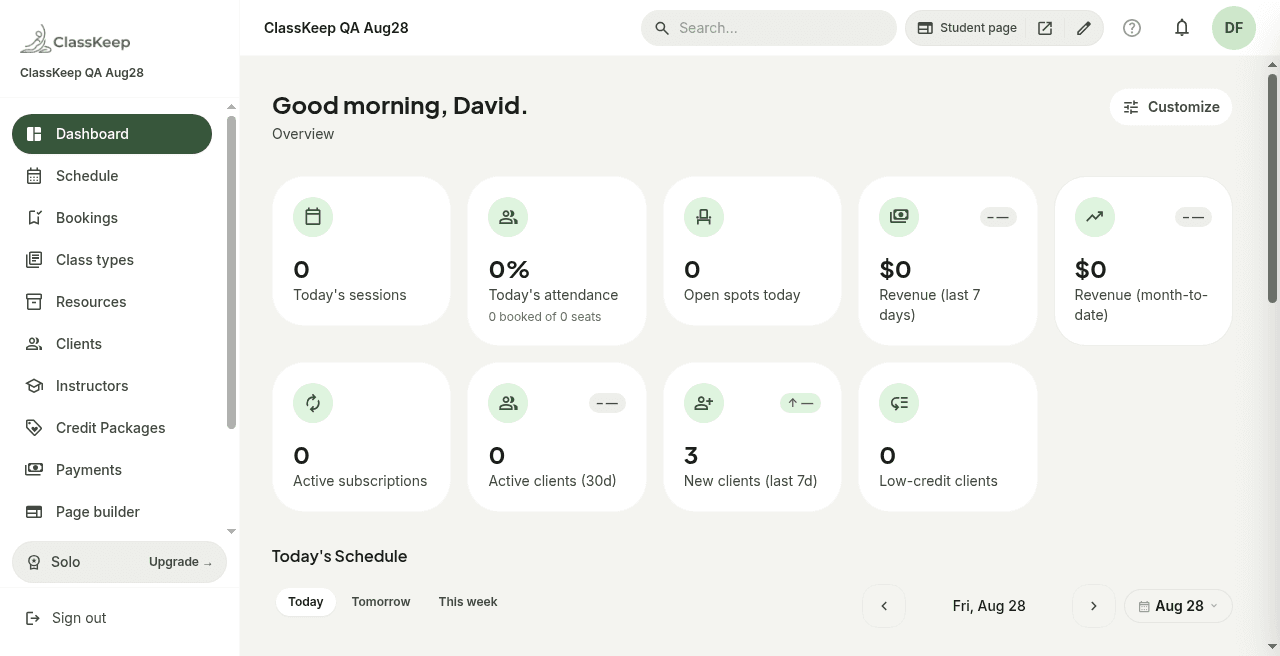 Schedule, bookings, and studio overview in one view. ClassKeep dashboard overview on tablet