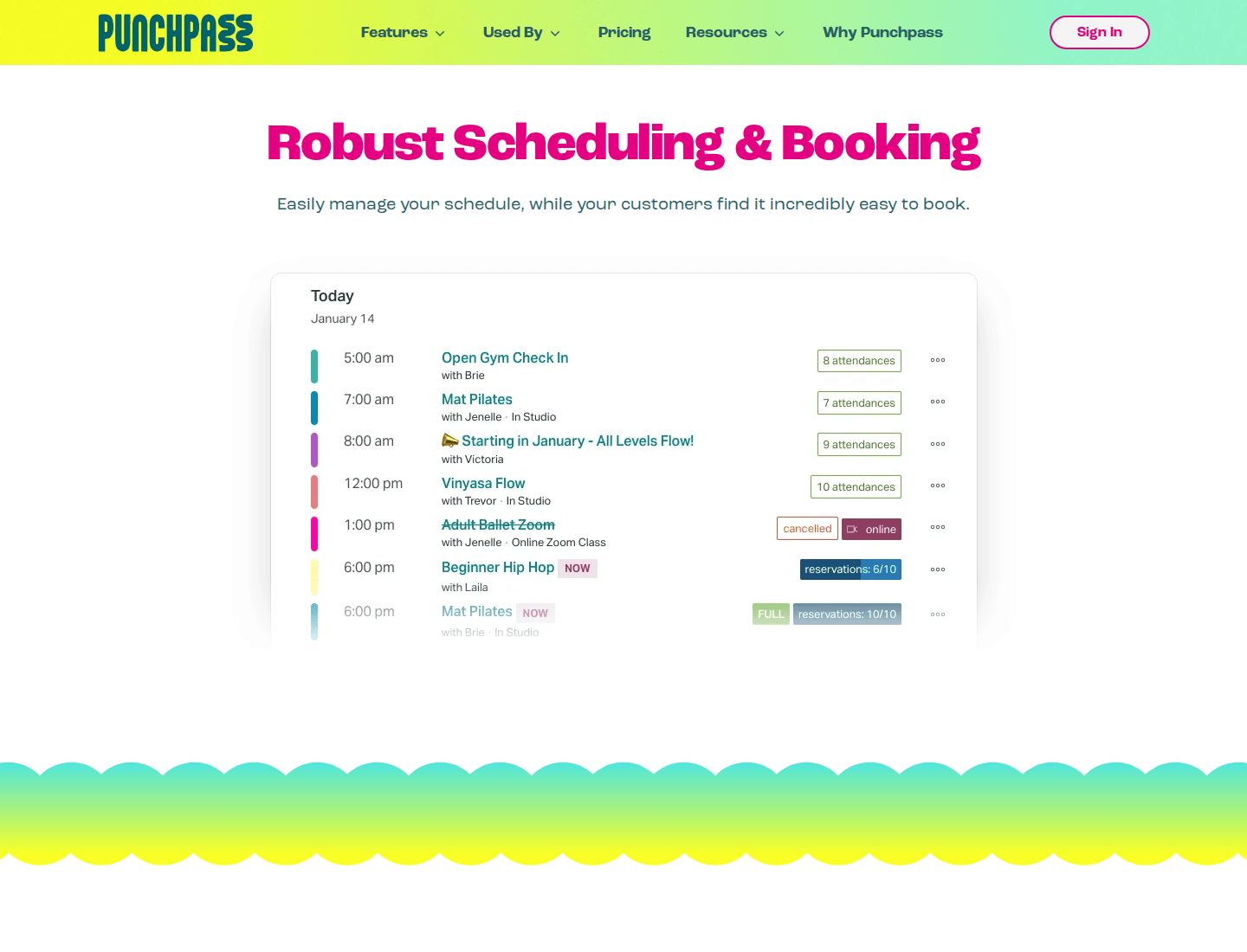 Marketing do Punchpass: lista de aulas do dia com presenças, reservas e selo FULL. Captura oficial de marketing do Punchpass com agenda diária